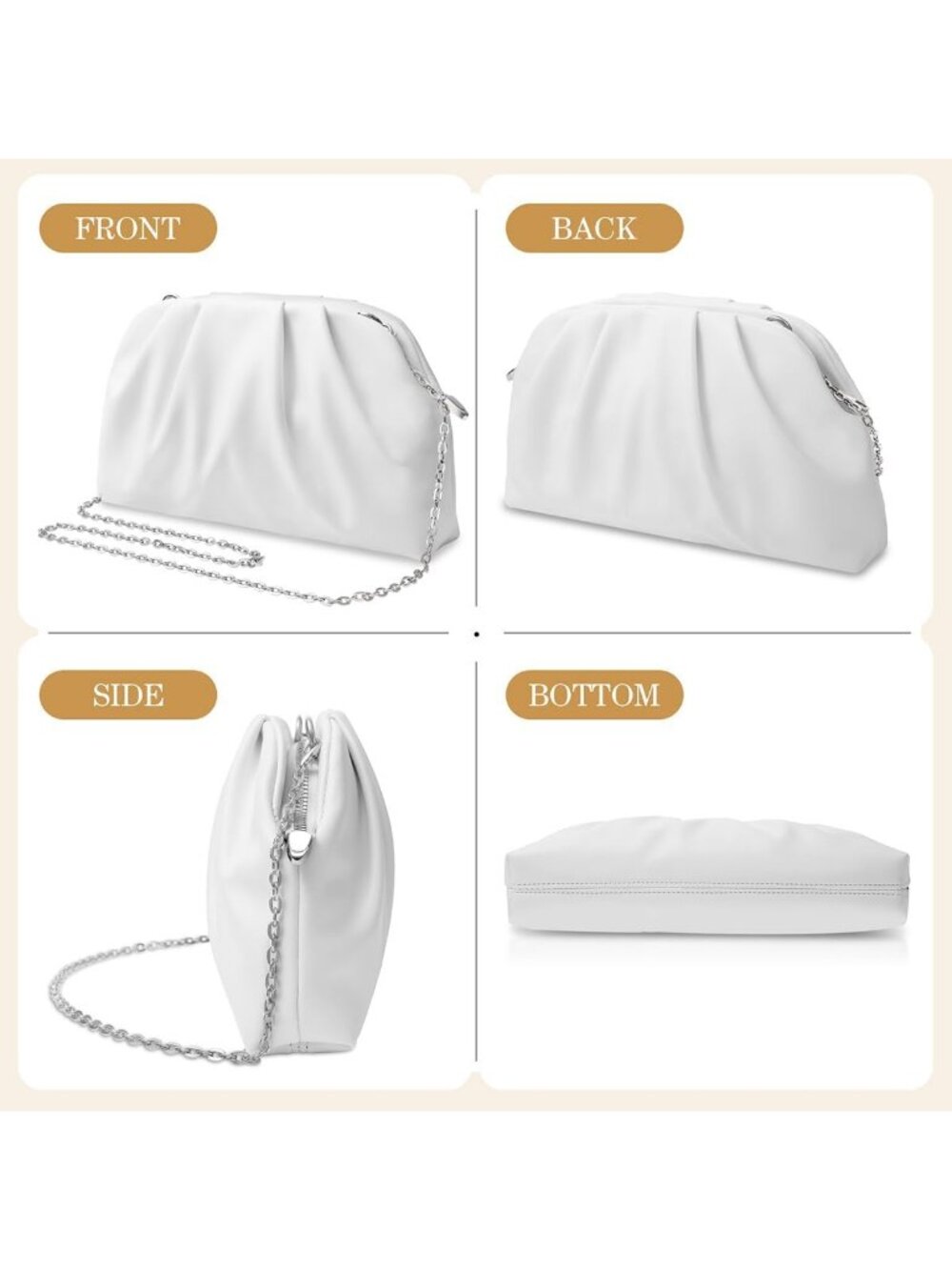 Women's White Pleated Cloud-Shaped Clutch Purse Cocktail Wedding Evening Bag - Picture 7 of 7